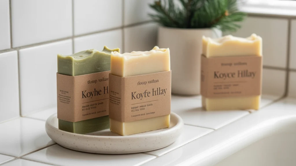 subtle holiday soap bars in neutral packaging on minimalist bathroom counter