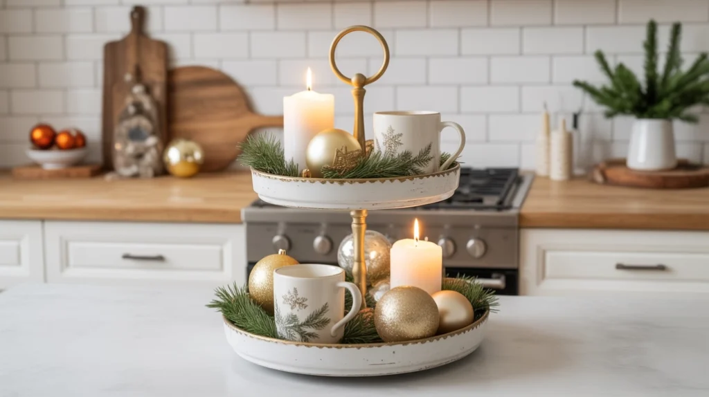 Two-tier tray filled with candles, mugs, pine sprigs, and ornaments for creative Christmas island display idea