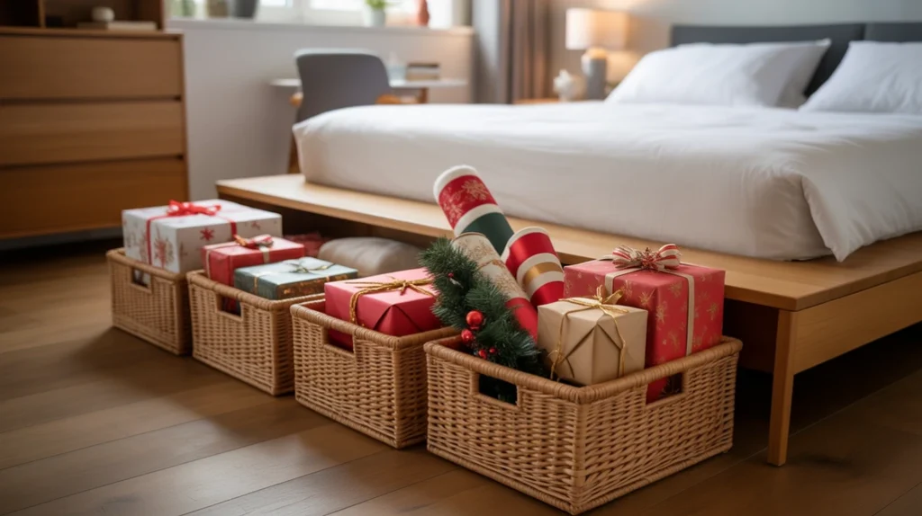 Under-bed storage baskets for decor and gifts in tidy small apartment bedroom