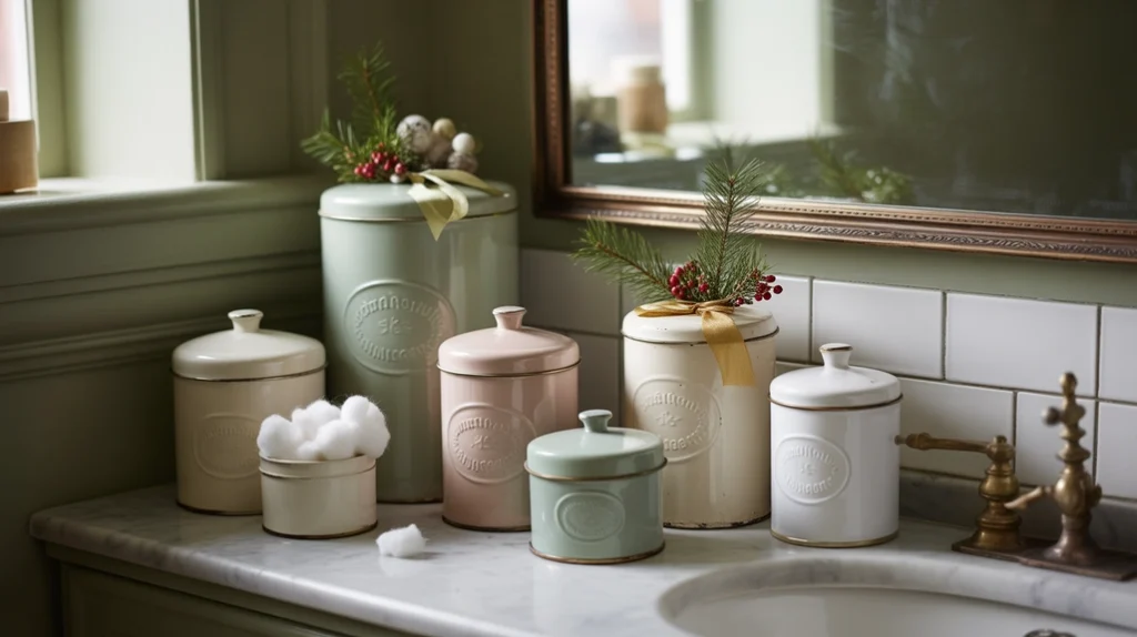 vintage storage canisters and enamel jars used for holiday bathroom organization