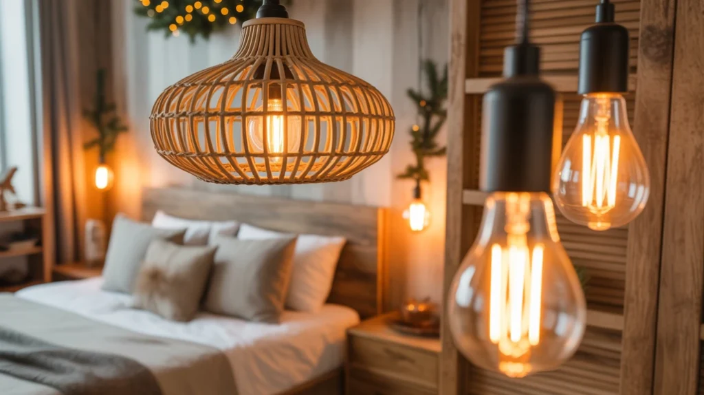 Soft rattan pendant and Edison bulbs adding warm ambient glow to modern rustic Christmas decor