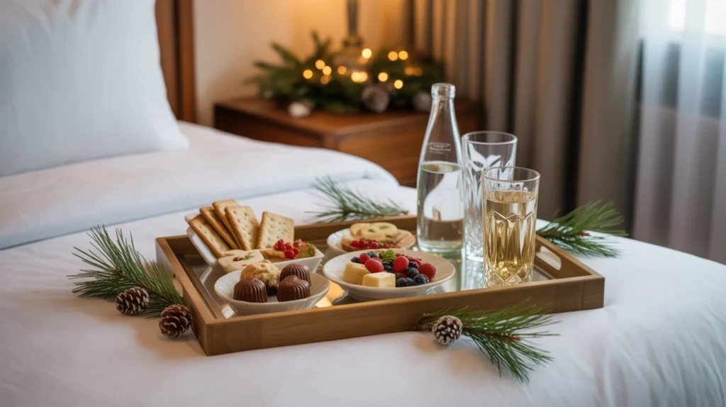 Welcome tray with snacks, cocoa, and pine sprigs styled for Christmas guest room