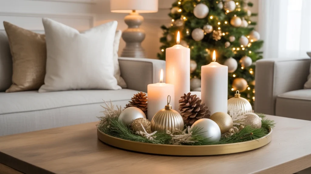 White and gold coffee table styling with candles, ornaments, and minimalist Christmas décor