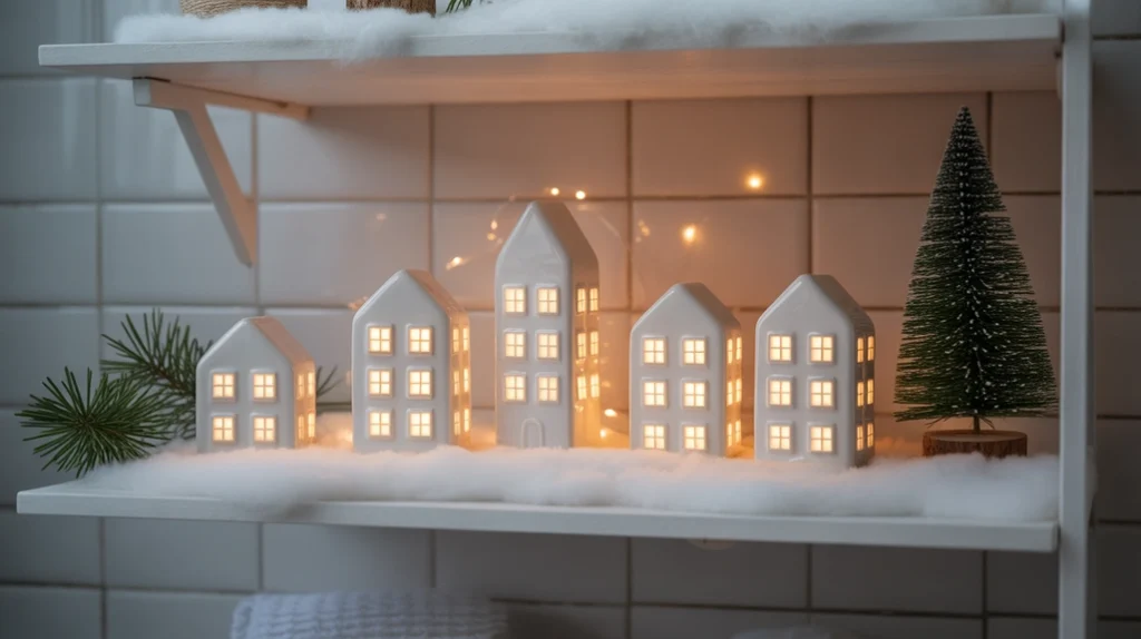 white ceramic houses glowing gently for cozy christmas bathroom decor