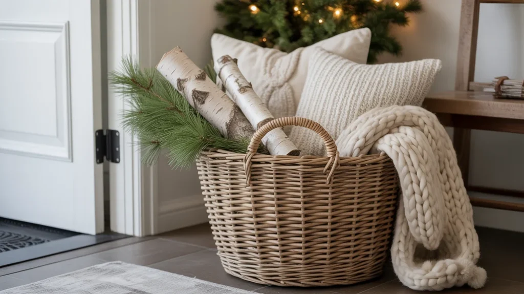 “Winter basket with pine branches, birch logs, and textured seasonal entryway decor”