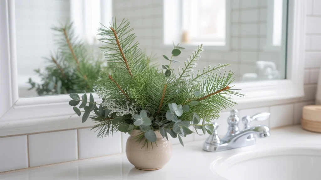 Small vase with winter greenery adding natural holiday décor to a tiny bathroom.