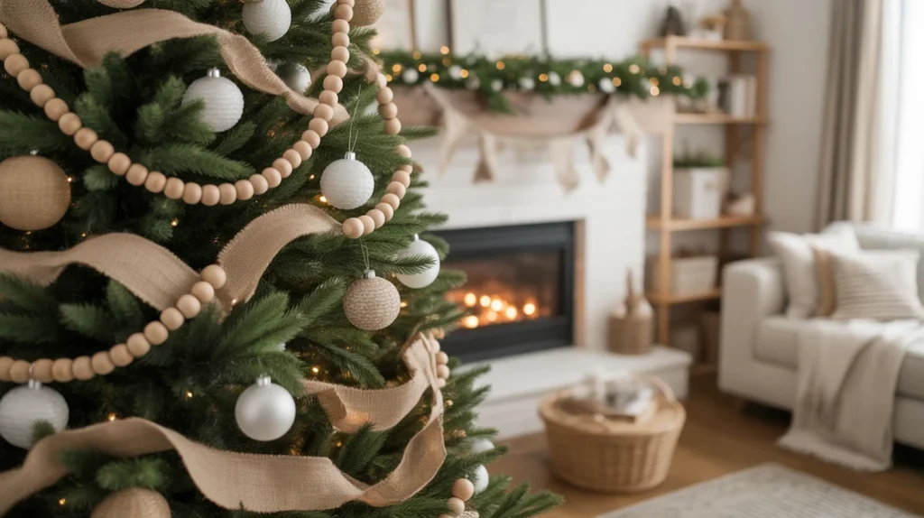 Rustic Christmas tree with wooden bead garlands, burlap accents, and neutral farmhouse tones.