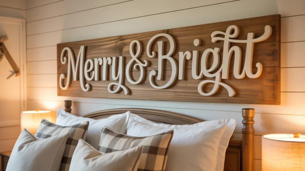 Wooden sign with holiday quote like Merry & Bright adding rustic country charm to farmhouse decor
