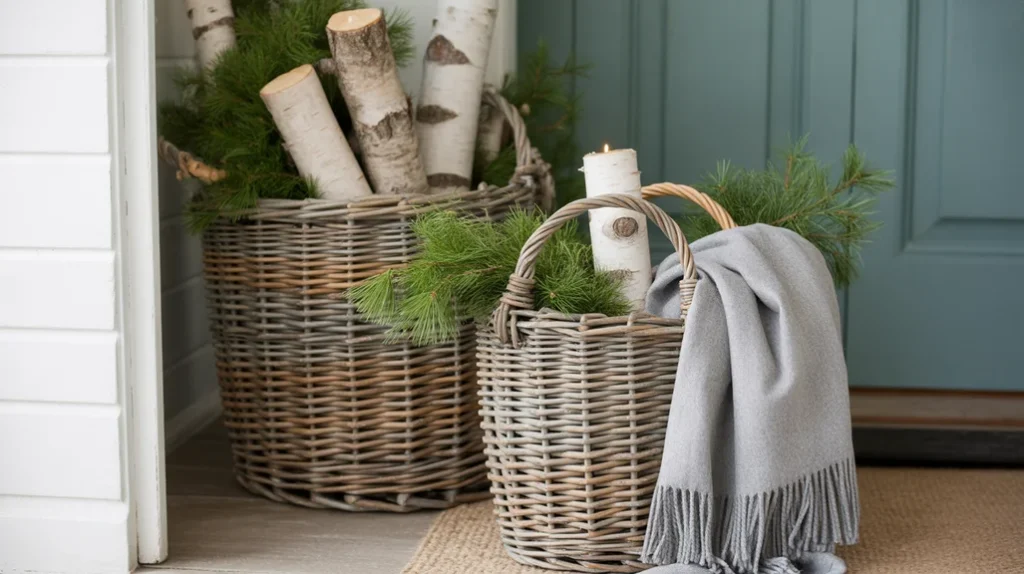 “Woven baskets filled with winter greenery for rustic farmhouse Christmas decor”
