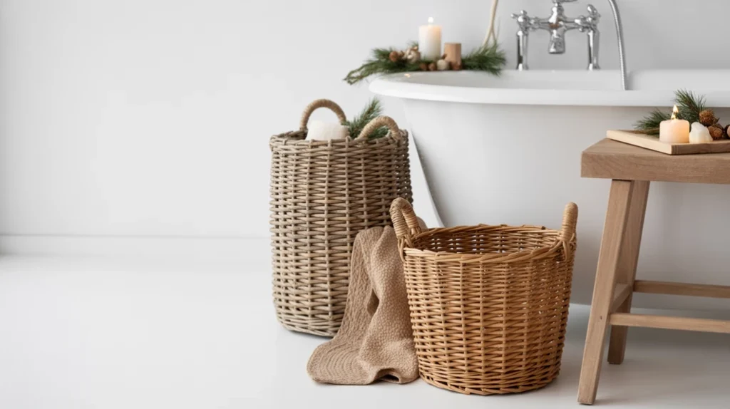 woven baskets and natural textures adding warmth to scandinavian christmas bathroom decor