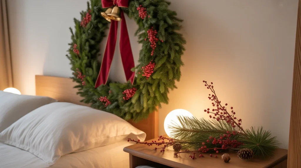 Christmas wreath and pine branches with red berries in a holiday bedroom