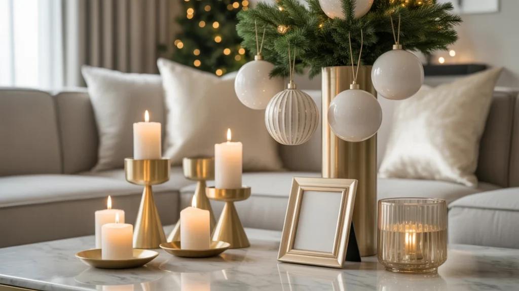 festive neutral living room with natural fiber baskets and simple floral arrangements