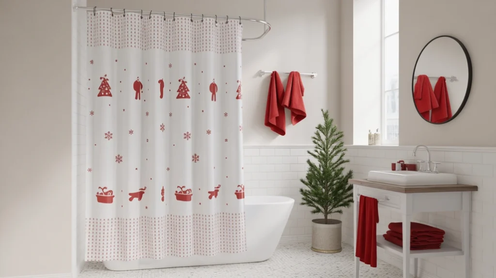 White shower curtain with red Christmas accents brightening a small festive bathroom.
