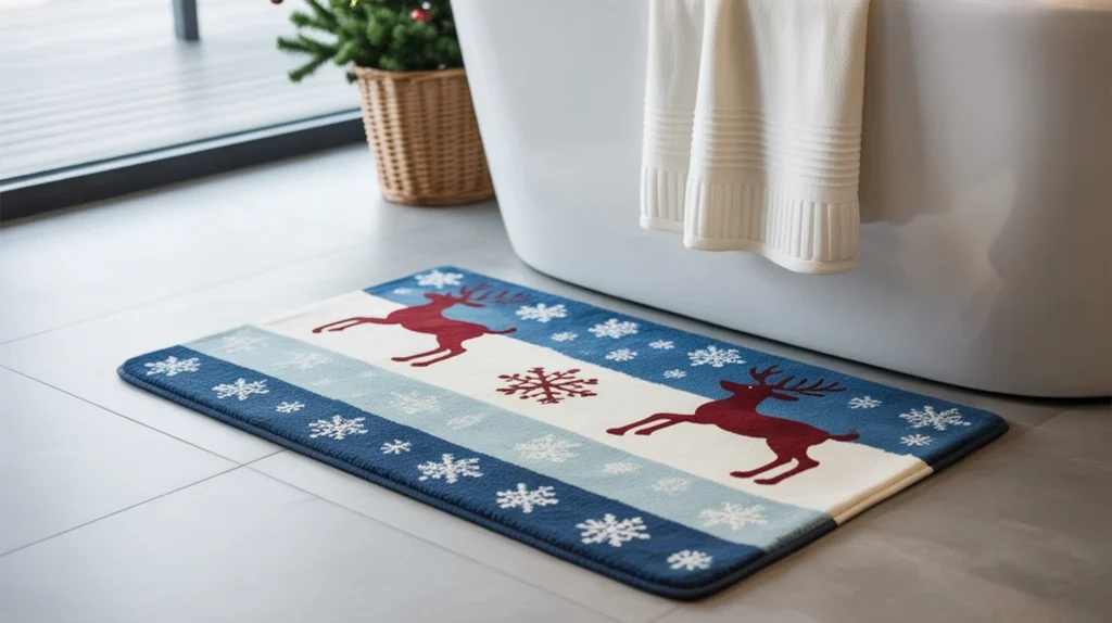 Cozy Christmas bath mat with winter patterns adding warmth to a bathroom floor.