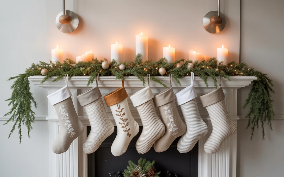 modern christmas stockings in neutral minimalist fabrics