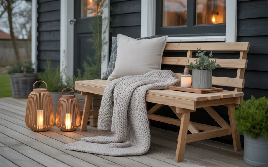 Hygge-Inspired Porch Bench with Cozy Textiles
