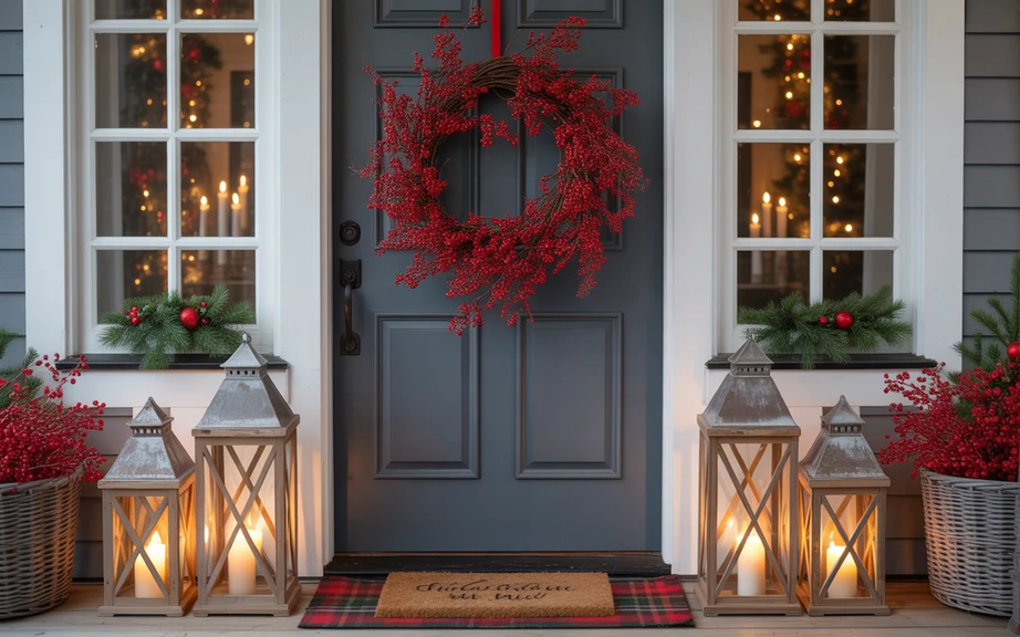 Red Berry Wreath with Farmhouse Lanterns