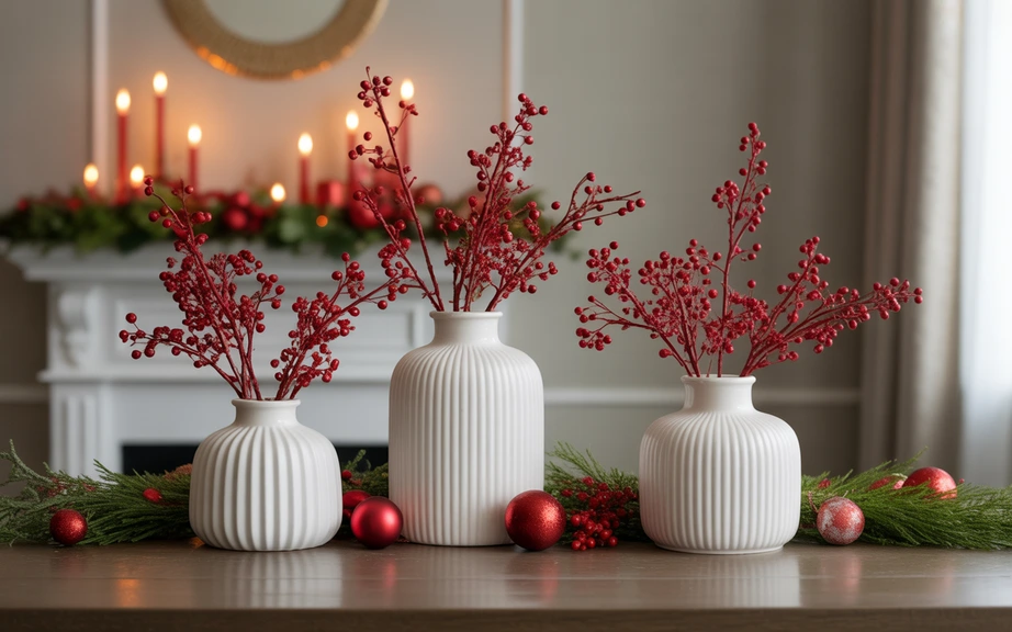 White Ceramic Christmas Centerpieces with Red Details
