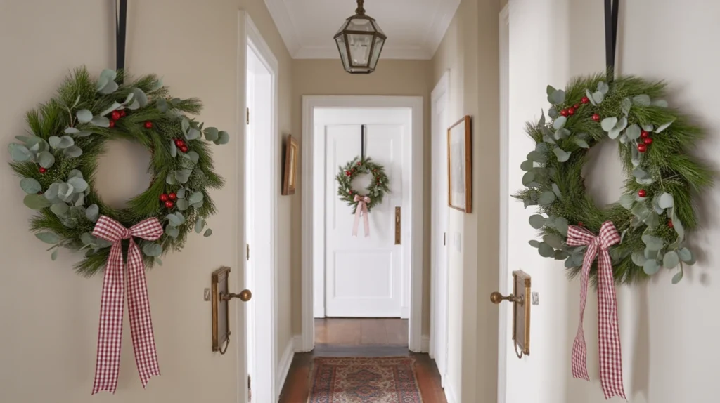 Indoor hallway wreaths with pine and eucalyptus for a natural Christmas look