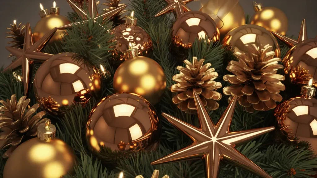 Metallic gold and bronze accents reflecting festive warm lighting in living room
