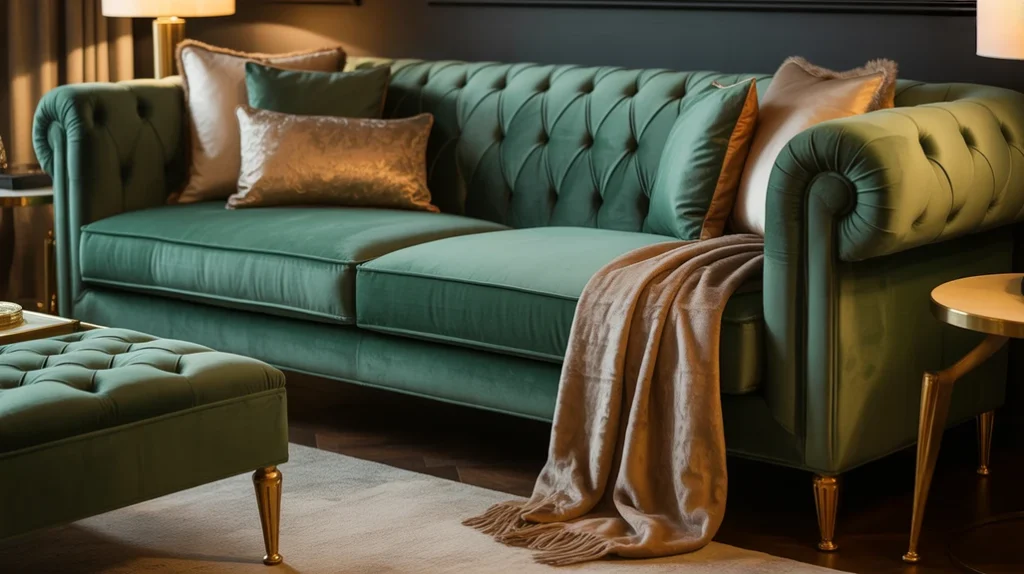 “Plush velvet sofa design for a luxurious vintage-style living room.”