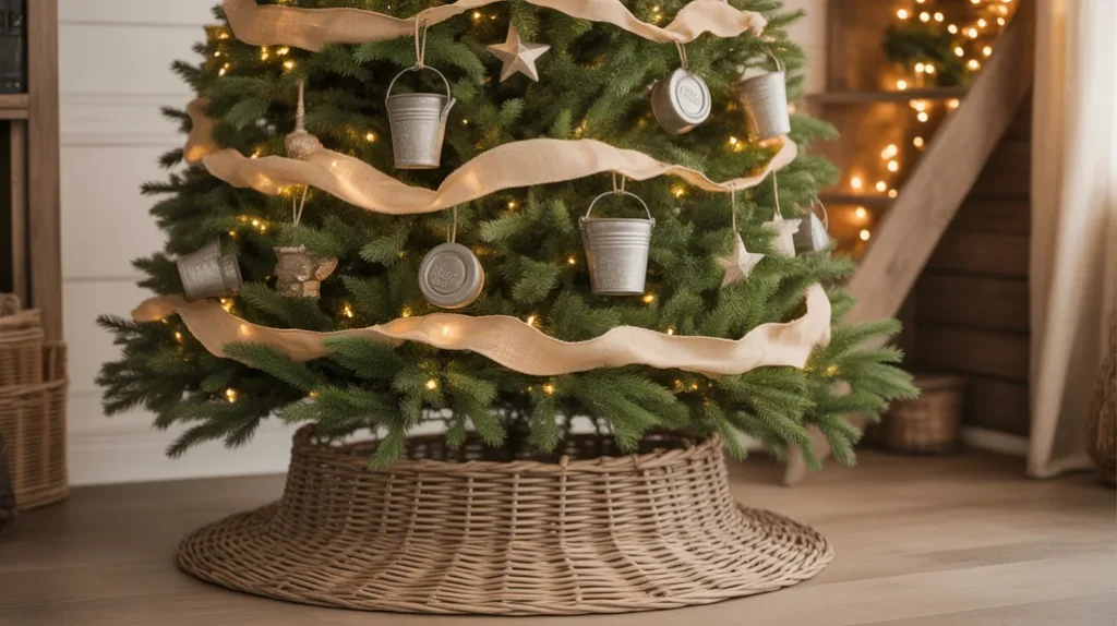 Rattan tree skirt adding texture to a rustic farmhouse Christmas setup