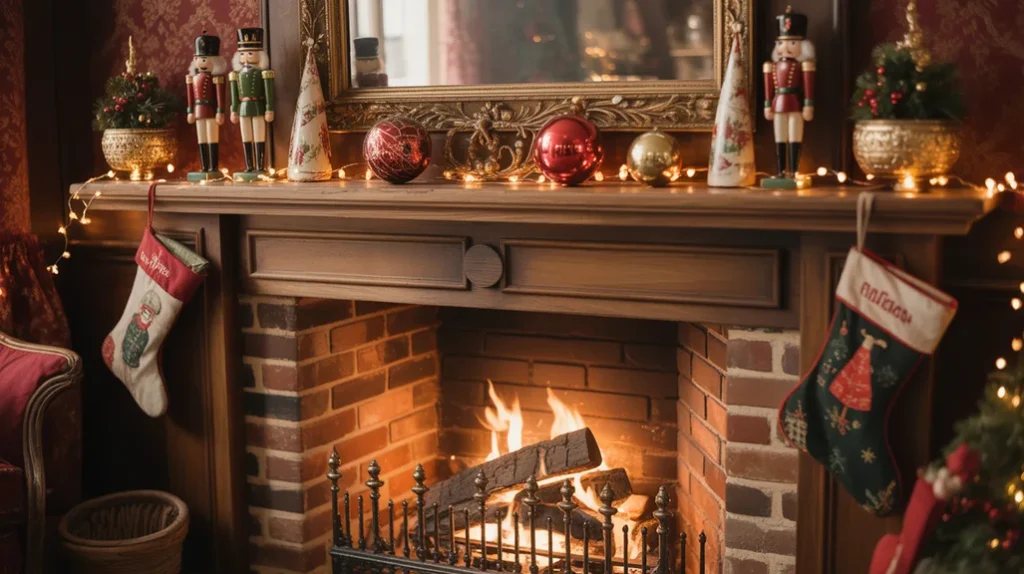 Vintage Christmas fireplace decor featuring nutcracker figurines, antique mirror, and warm festive lighting