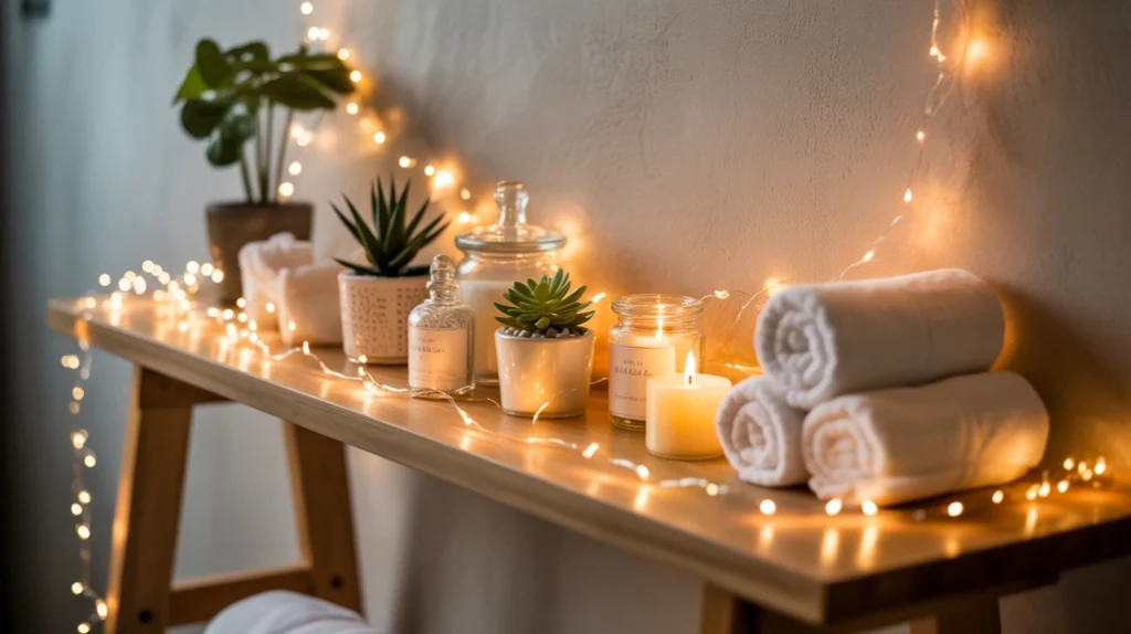 “warm fairy lights wrapped around a bathroom shelf creating a soft festive glow”