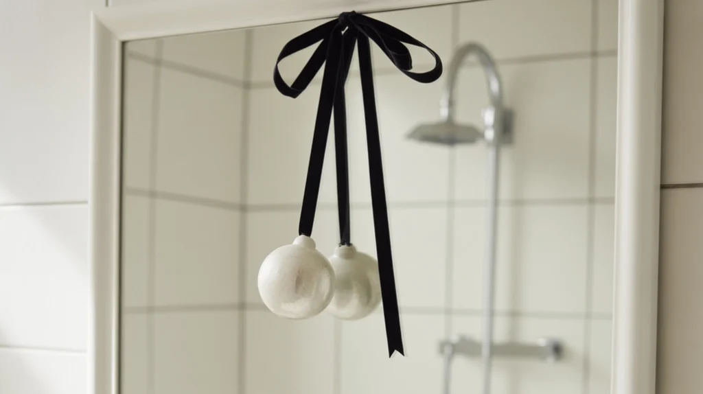 bathroom mirror with black ribbon and small holiday ornament for a simple christmas touch