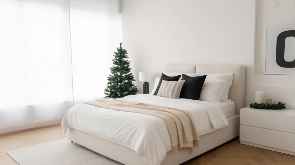 Minimalist black, white, and green bedroom with simple Christmas decor