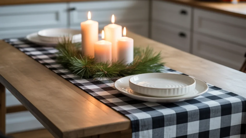 Black and white plaid table runner with candles and pine sprigs for modern holiday kitchen decor