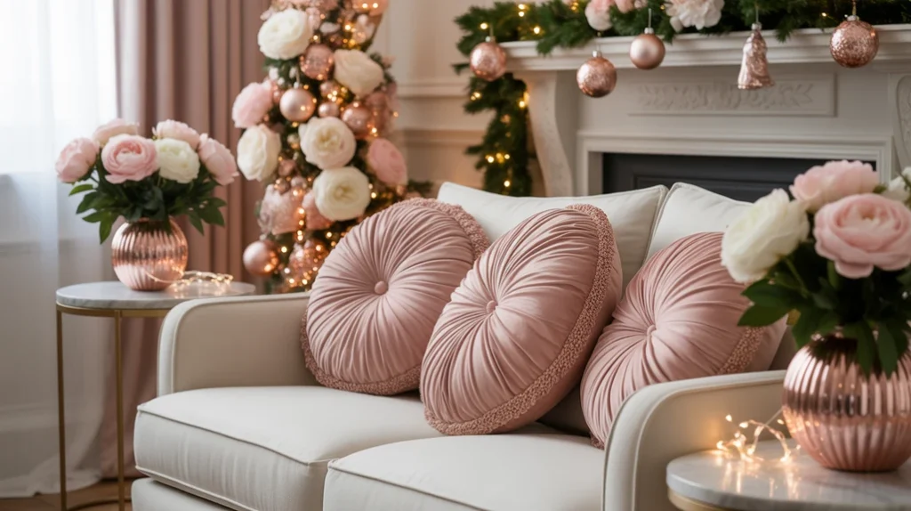 Blush pink pillows, candles, and ornaments enhancing modern rose gold Christmas home decor.