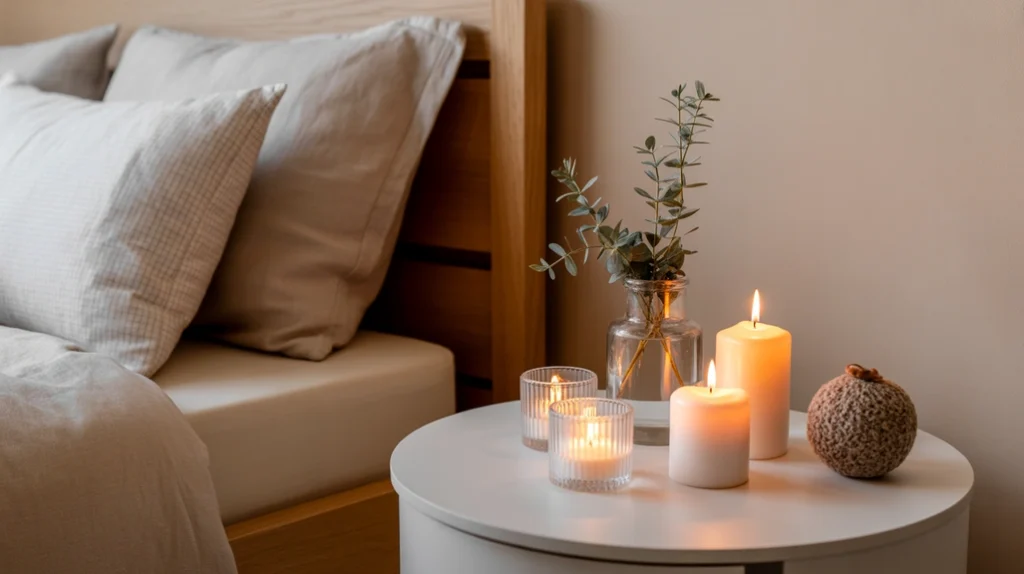 white candles on bedside table creating warm cozy lighting in a neutral Christmas bedroom
