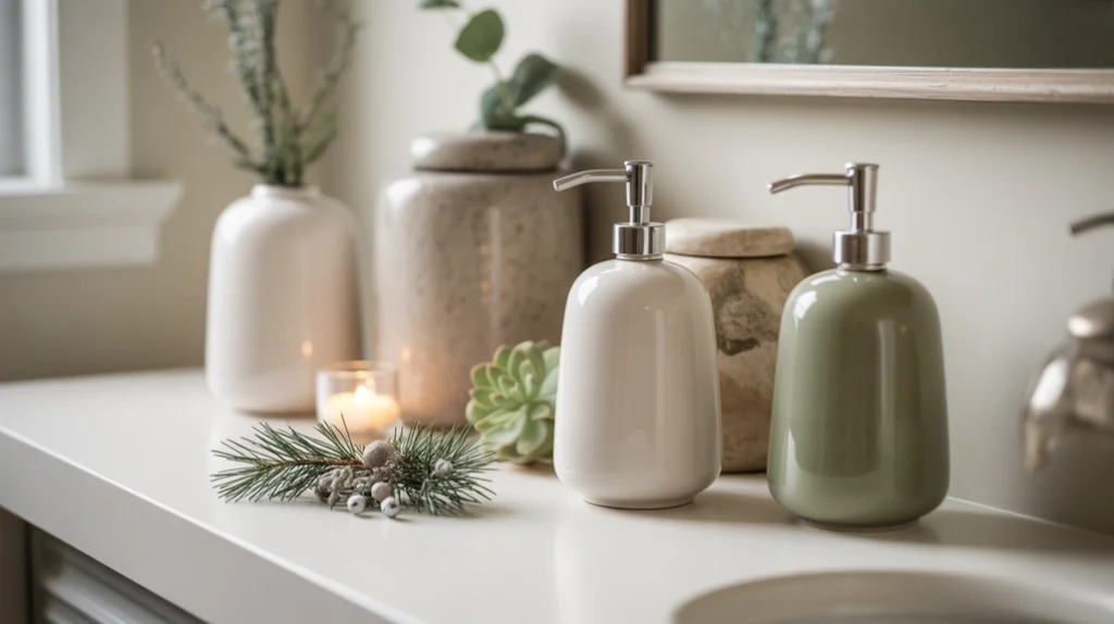 stone and ceramic bathroom accessories arranged with subtle christmas greenery