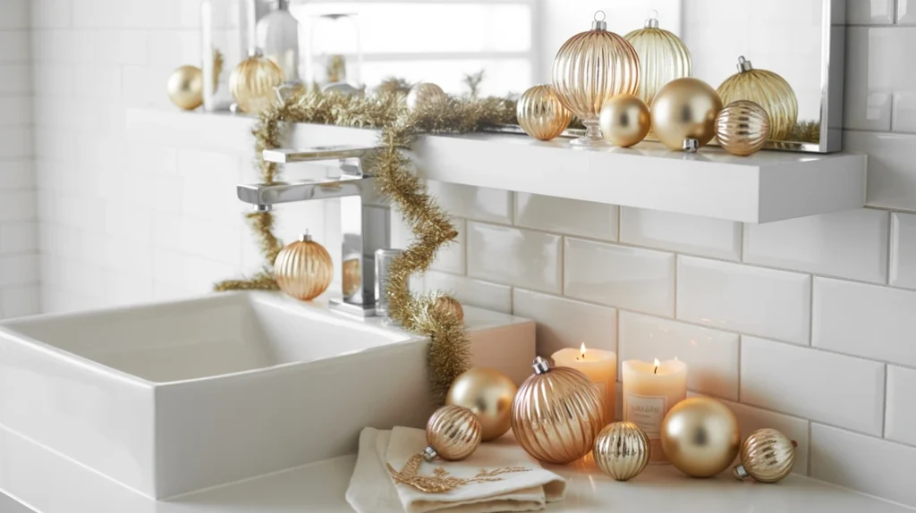 champagne-colored ornaments and accessories used for soft glam christmas bathroom decor