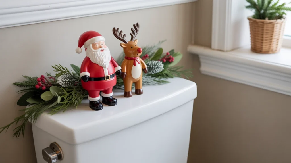 holiday figurines like santa or reindeer placed on toilet tank for festive touch