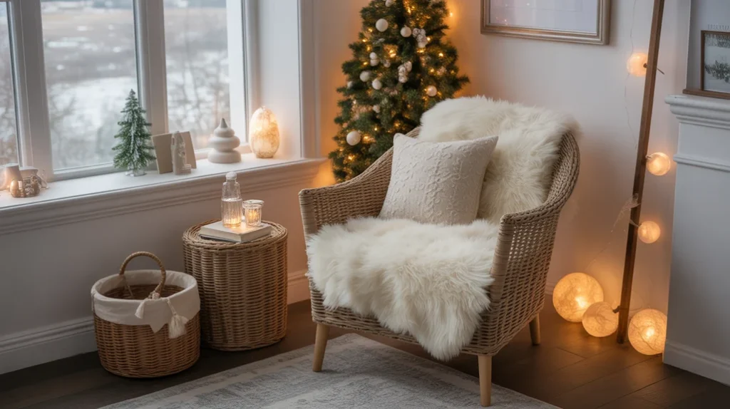Cozy reading nook in a Christmas bedroom with faux fur throw, soft lighting, and festive touches