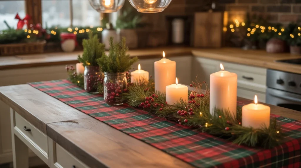 Festive red plaid runner and tablecloth for holiday kitchen decoration