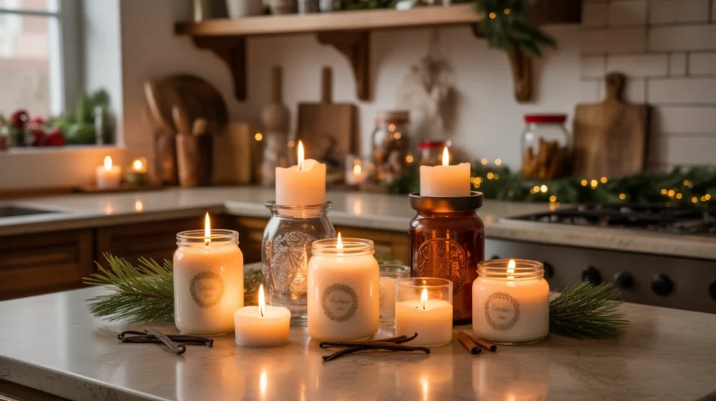 Christmas scented candles on kitchen counter with pine and cinnamon notes