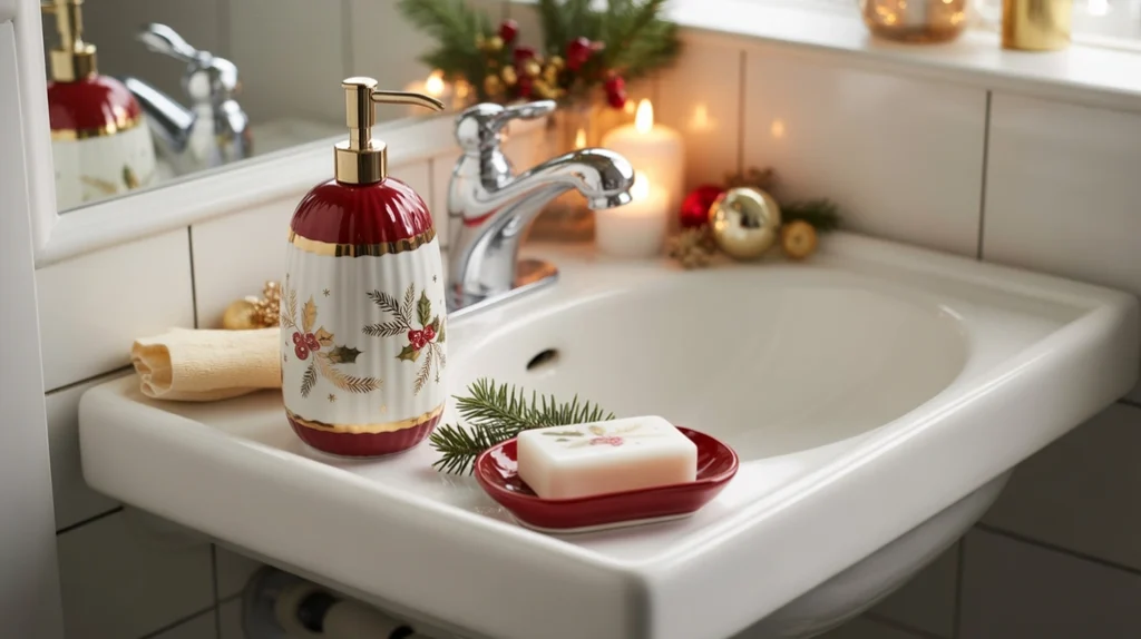 Christmas-themed soap dispenser creating a cute holiday sink area in a small bathroom.