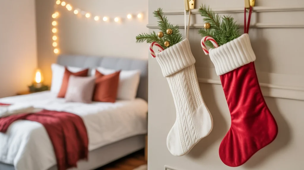 Reused glass jars and simple decor in a cozy Christmas bedroom