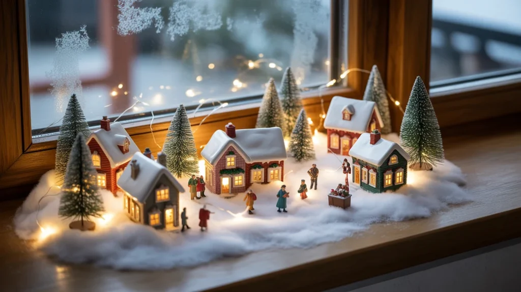 Mini Christmas village with snow and fairy lights displayed on a windowsill, cozy holiday home setup.