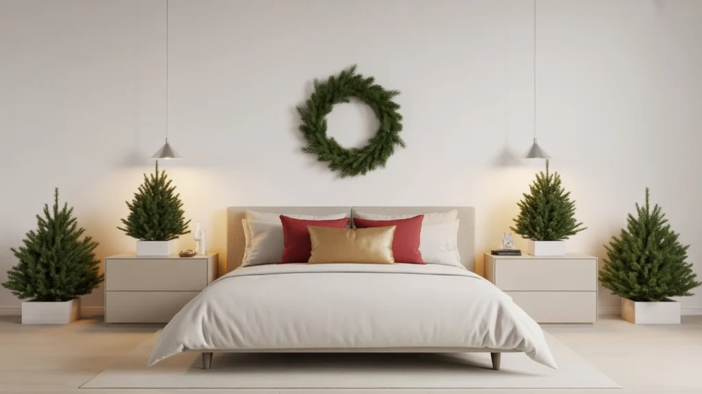 Clean lines and symmetrical layout creating balance in a modern Christmas bedroom aesthetic