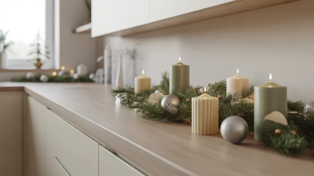 Clean modern Christmas kitchen countertops decorated with candles and greenery