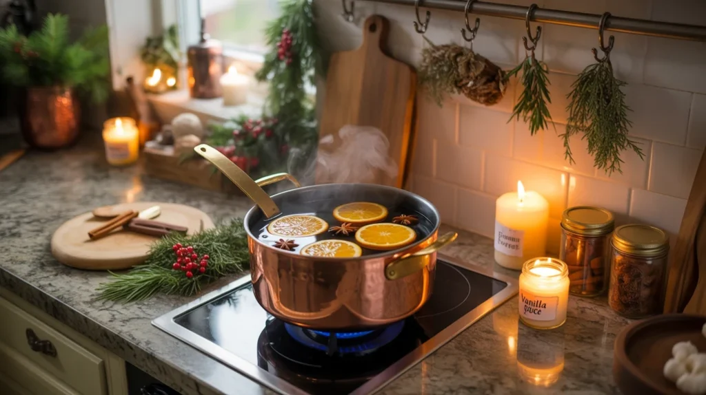 Christmas scents of pine and cinnamon filling a cozy festive living room space