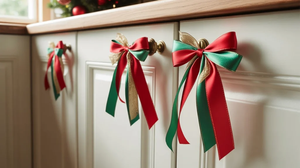 Ribbon bows tied on kitchen cabinet handles for simple and budget-friendly Christmas decorating