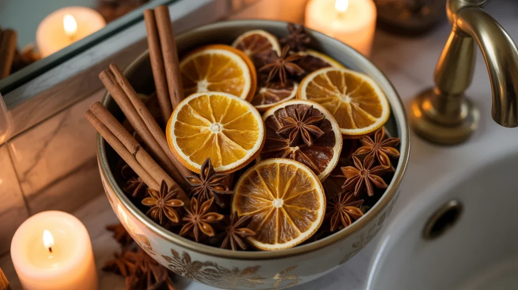 dried oranges and cinnamon bowl adding natural scent to cozy boho christmas bathroom decor