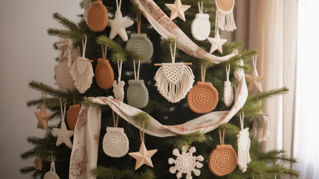 Handcrafted Christmas ornaments and fabric garlands styled in eclectic boho bedroom holiday theme