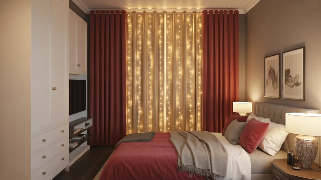 Elegant red and gold curtains with fairy lights for romantic Christmas decor