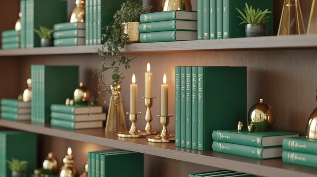Shelves decorated with emerald books, gold ornaments, candles, and greenery for a chic festive look.